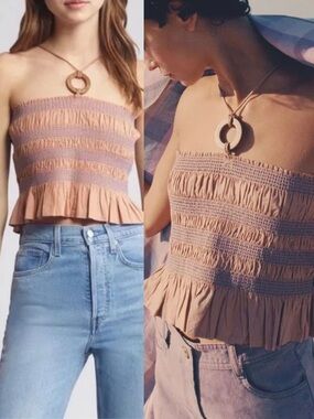 NWOT Sessun Navi Smocked Crop Cotton Halter Chamotte Poplin Cutout Tie Back Top